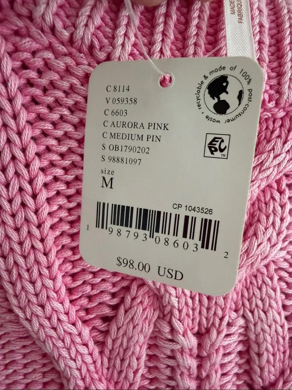 Free People Pink Cable Knit Crew Neck‎ Chunky Sweater size medium NWT